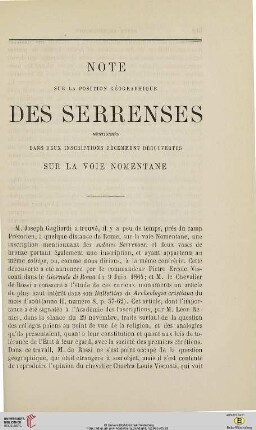 N.S. 11.1865: Note sur la position géographique des serrenses : mentionnés dans deux inscriptions récemment découvertes sur la voie Nomentane$nElektronische Ressource