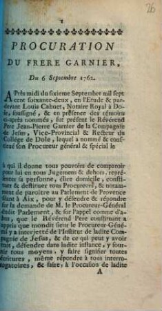 Procuration Du Frere Garnier : Du 6 Septembre 1762