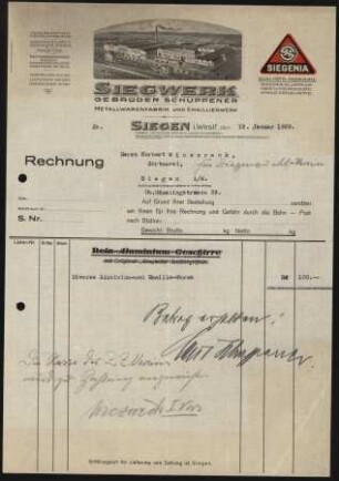 Firmenbriefkopf Siegwerk Gebr. Schuppener, Metallwarenfabrik und Emaillierwerk
