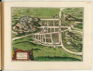 Vogelschauplan Edinburgh, Großbritannien, 1:3 000, kolorierter Kupferstich, um 1682 : Edenburgum Vulgo Edenburg. - [Ca. 1:3 000]. - [Amsterdam] : [Bÿ d' Erfsgenamen van Joannes Janssonius van Waesberge], [1682]. - 1 Pl. : Kupferst. ; 45,5 x 33,6 cm