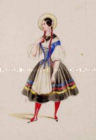 Frau in schwarzem Rock mit weißer Schürze und blauem Mieder - Tafel aus Franceschini/Kostümbilder (Kassette 2)