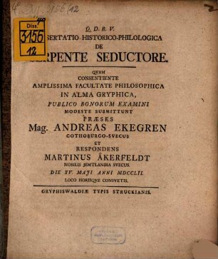Diss. hist. philol. de serpente seductore