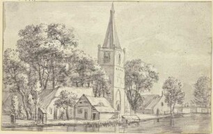 Dorfkirche unter Bäumen am Kanal