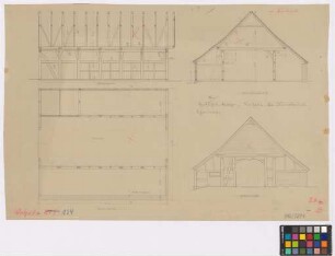 Vehrte (Landkreis Osnabrück): Hof Meyer Zu Hage. Scheune (Längsschnitt, Querschnitt A-B, Grundriss, Giebel-Ansicht)