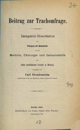 Beitrag zur Trachomfrage : Inaug.-Diss. d. Univ. Marburg