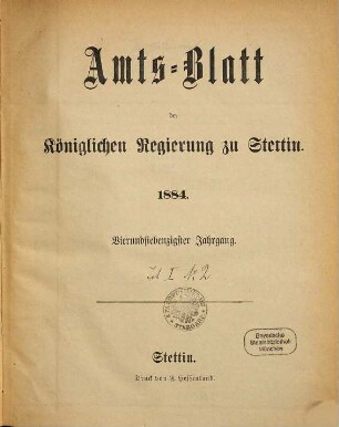 Amtsblatt der Regierung in Stettin. 1884 = Jg. 74