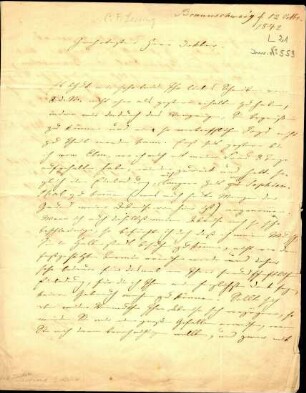 5-10-12-21.0000: Lessing, Carl Friedrich, Historien- und Landschaftsmaler; diverse Schreiben ff.: Absage einer Einladung nach Halberstadt