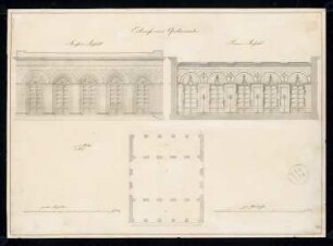 Gartensaal Monatskonkurrenz Oktober 1827: Grundriss, Aufriss Vorderansicht, Querschnitt; Maßstabsleiste
