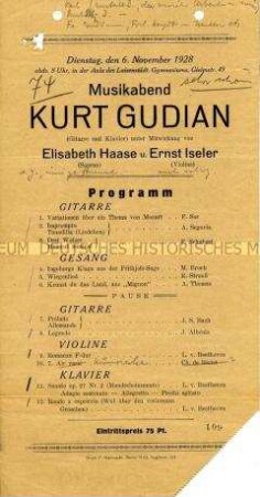 Programm zu einem Musikabend mit Kurt Gudian