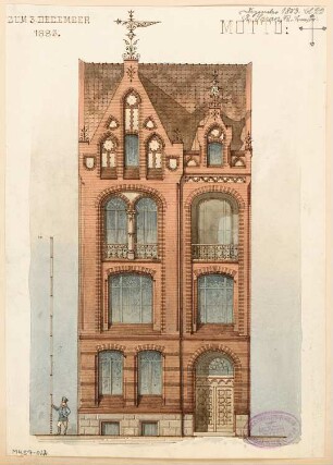 Städtisches Wohnhaus Monatskonkurrenz Dezember 1883: Aufriss Straßenansicht; Maßstabsleiste