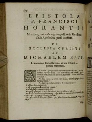 Epistola F. Francisci Horantii ... De Ecclesio Christi Ad Michaelem Baii ...