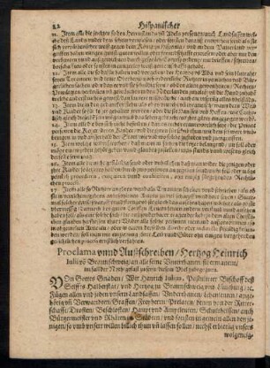 Proclama unnd Außschreiben/ Hertzog Heinrich Iulii von Braunschweig ...