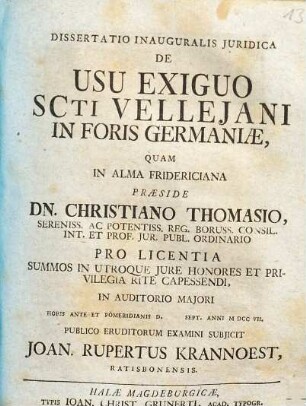 Dissertatio Inauguralis Juridica De Usu Exiguo SCti Vellejani In Foris Germaniae