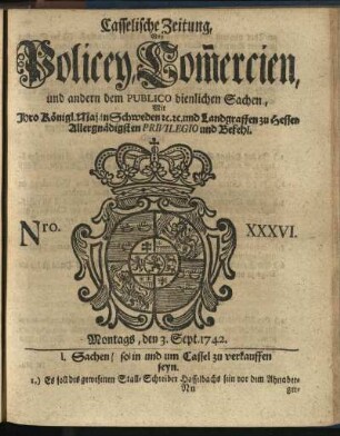 Nro. XXXVI, Montags, den 3. Sept. 1742
