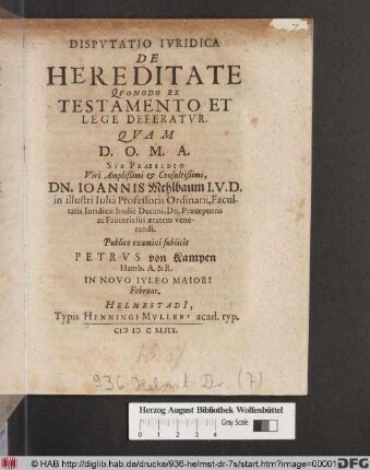 Disputatio Iuridica De Hereditate Quomodo Ex Testamento Et Lege Deferatur