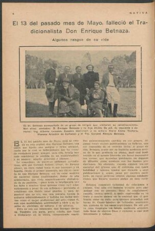 El 13 del pasado mes de Mayo, falleció el Tradicionalista Don Enrique Betnaza. : Algunos rasgos de su vida