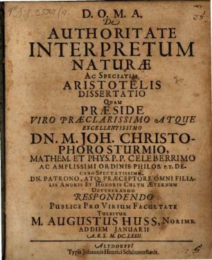 De Authoritate Interpretum Naturae Ac Speciatim Aristotelis Dissertatio