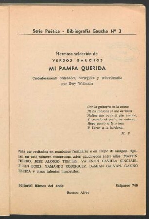Mi pampa querida : hermosa selección de versos gauchos