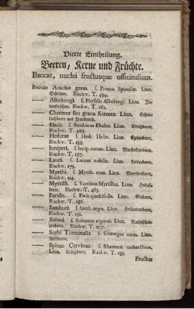 Vierte Eintheilung. Beeren, Kerne und Früchte. [bis] Fünfte Eintheilung. Samen. Semina.
