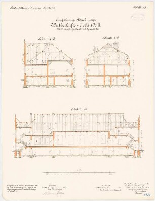 Feldartilleriekaserne, Halle/Saale: Wirtschaftsgebäude II: Längsschnitt, Querschnitte 1:100