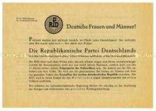 Programmatische Flugschrift der Republikanischen Partei Deutschlands mit Aufruf zur Mitgliedschaft