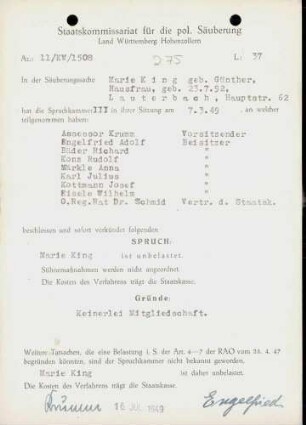 King, Marie, geb. Günther