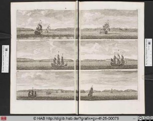 [oben links:] LES MONTAGNES POOTSFJOERT. [oben rechts:] GOLFE TANEBAEY. [Mitte links:] CAP DU NORD. [Mitte rechts:] LES ISLES INGE. [unten links:] L'ISLE SUROOY. [unten rechts:] LES ISLES NORD ET ZUD FOELE.