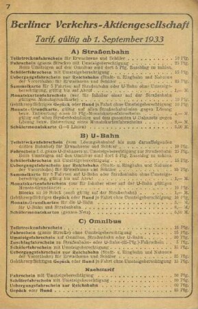 Berliner Verkehrs-Aktiengesellschaft. Tarif, gültig ab 1. September 1933