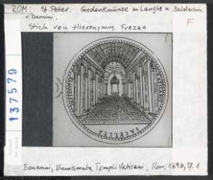 Rom, St. Peter: Gedenkmünze mit Langhaus und Baldachin von Bernini. Stich von Hieronymus Frezza