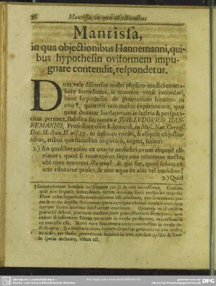 Mantissa, in qua obiectionibus Hannemanni, quibus hypothesin oviformem impugnare contendit, respondetur
