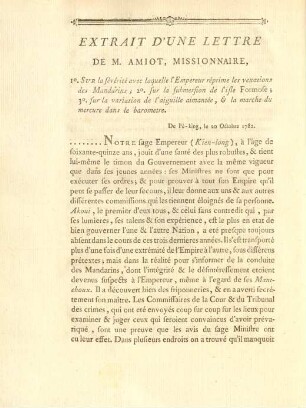Extrait d'une Lettre de M. Amiot, Missionaire