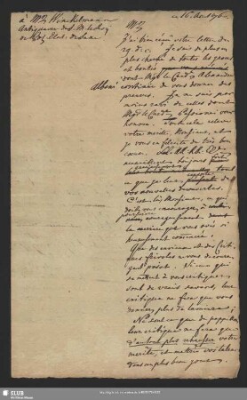 Mscr.Dresd.App.3140,7. - Konzept des Antwortbriefes von Graf Wackerbarth-Salmour an Johann Joachim Winckelmann, [München], 16.08.1760