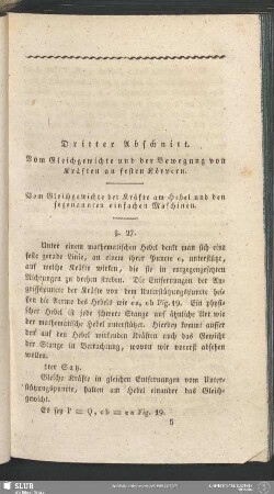 Dritter Abschnitt. Vom Gleichgewichte und der Bewegung von Kräften an festen Körpern