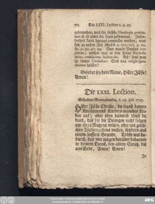 Die LXXI. Lection. Gehalten Sonnabends, d. 28. Julii 1725.