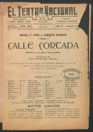 Calle cortada : sainete en un acto y tres cuadros