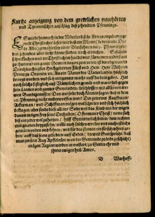 Kurtze anzeigung von dem grewlichen unerhörten und Tyrannischen anschlag deß zehendten Pfennings.