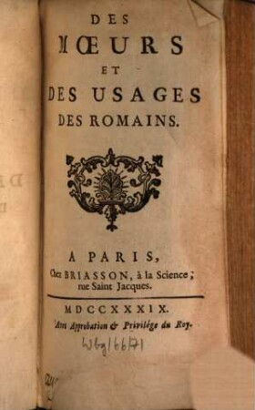 Des moeurs et des usages des Romains