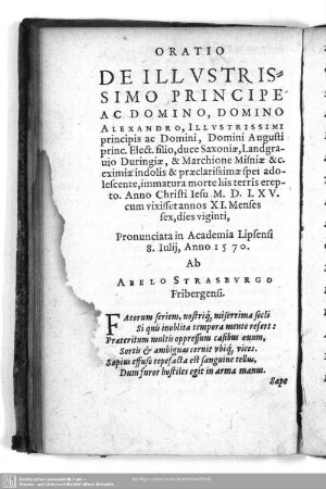 Oratio De Illustrissimo Principe Ac Domino, Domino Alexandro