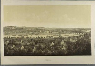 Stadtansicht von Pirna mit dem Sonnenstein, der Marienkirche und der Elbbrücke von Norden aus Copitz über die Elbe