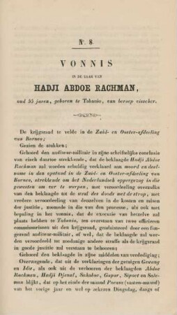 No. 8. Vonnis in de zaak van Hadji Abdoe Rachman, oud 55 jaren, geboren te Tabanio, ...
