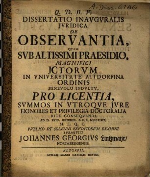 Dissertatio Inavgvralis Jvridica De Observantia