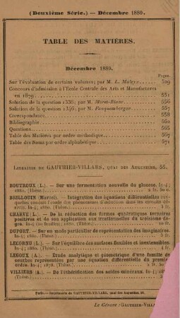 Table des matières. Décembre 1880.