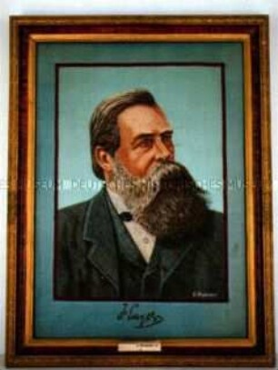 Stickbild mit Porträt von Friedrich Engels