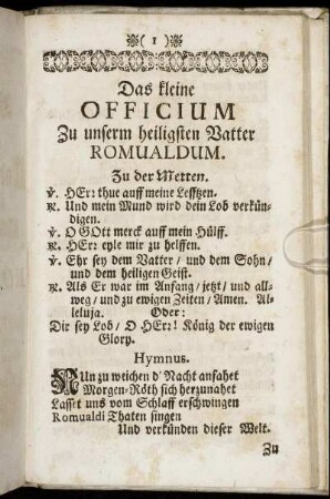 Das kleine Officium Zu unserm heiligsten Vatter Romualdum