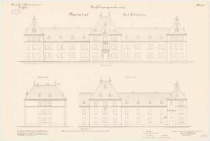 Kavallerie Kasernement II, Danzig-Langfuhr Kaserne I und II für 2 Eskadrons: Giebelansicht, Hinteransicht, Vorderansicht, 1:100