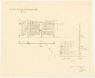 Gartendirektion, Köln: Entwurf zu Einfahrtstor der Gartendirektion in Köln, Grundriss und Ansicht der Einfahrt, Details, 1:10