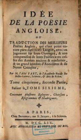 Idée de la poësi angloise, 6. (1754)