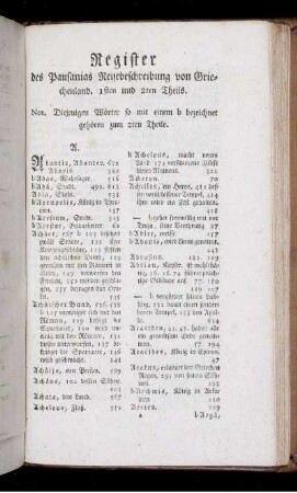 Register des Pausanias Reisebeschreibung von Griechenland. 1sten und 2ten Theils.