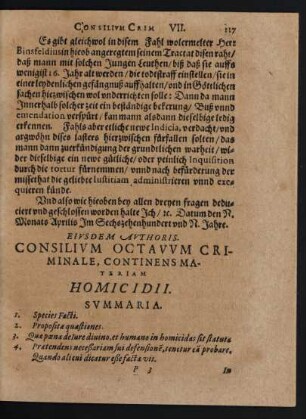 Eiusdem Authoris. Consilium Octavum Crimnale, Continens Materiam Homicidii.