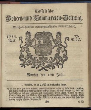 27. Stueck, Montag den 2ten Julii 1759